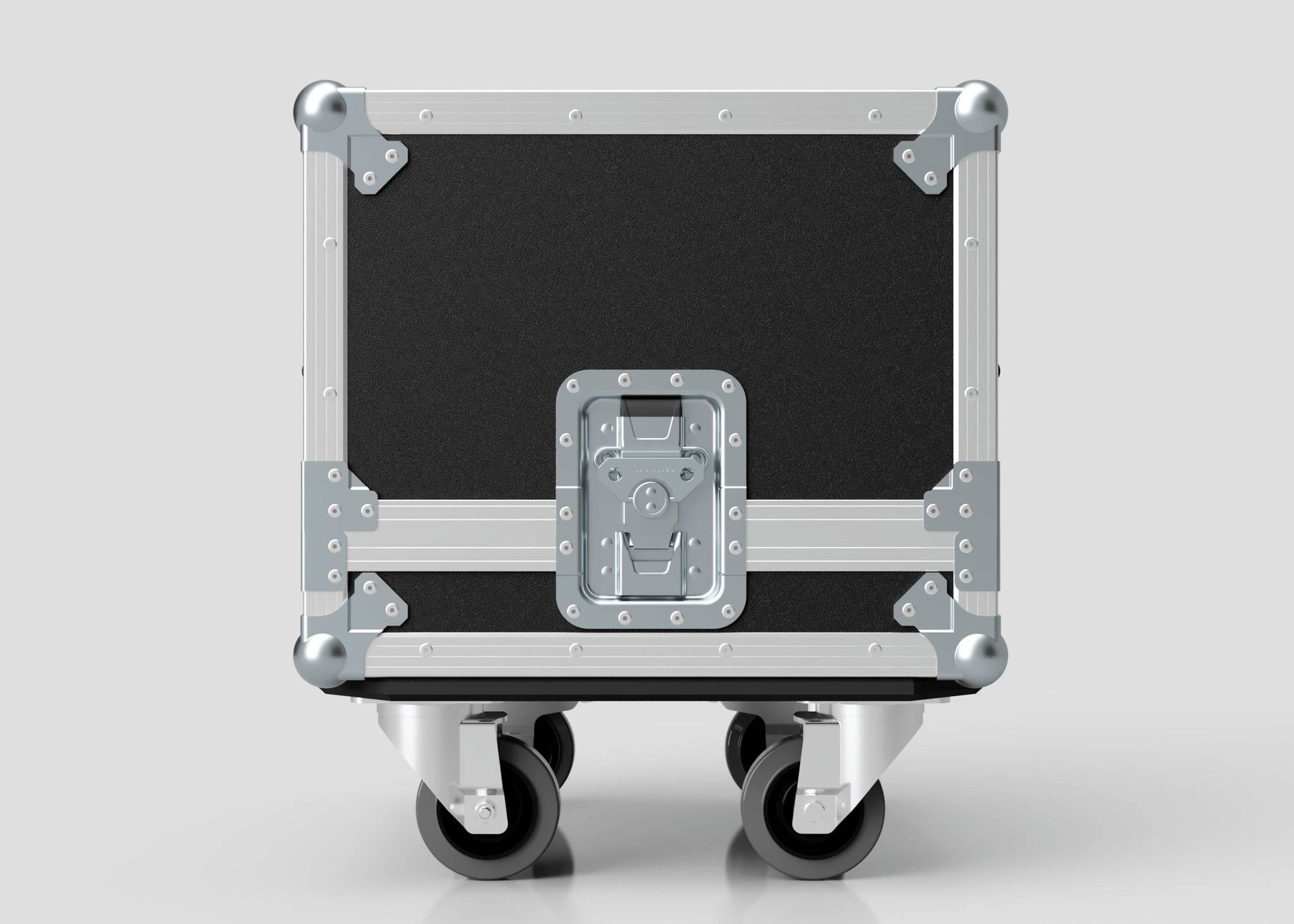 Diff Case: a black and silver road case with protective metal corners, recessed handle, four caster wheels, and external dimensions in mm shown on a white background.