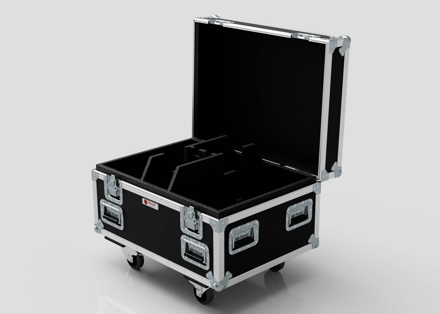 The Double Chainmaster 500Kg Chain Hoist Case is a black, hard-shell case with metal edges, latches, and four wheels. It features a foam-padded interior with custom cutouts and external dimensions of 805 x 600 x 573 mm.