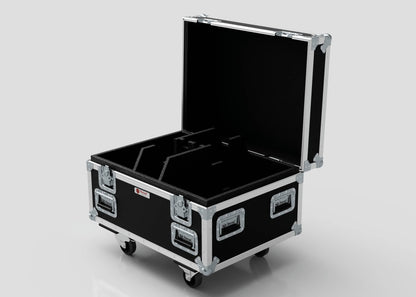 The Double Chainmaster 500Kg Chain Hoist Case is a black, hard-shell case with metal edges, latches, and four wheels. It features a foam-padded interior with custom cutouts and external dimensions of 805 x 600 x 573 mm.