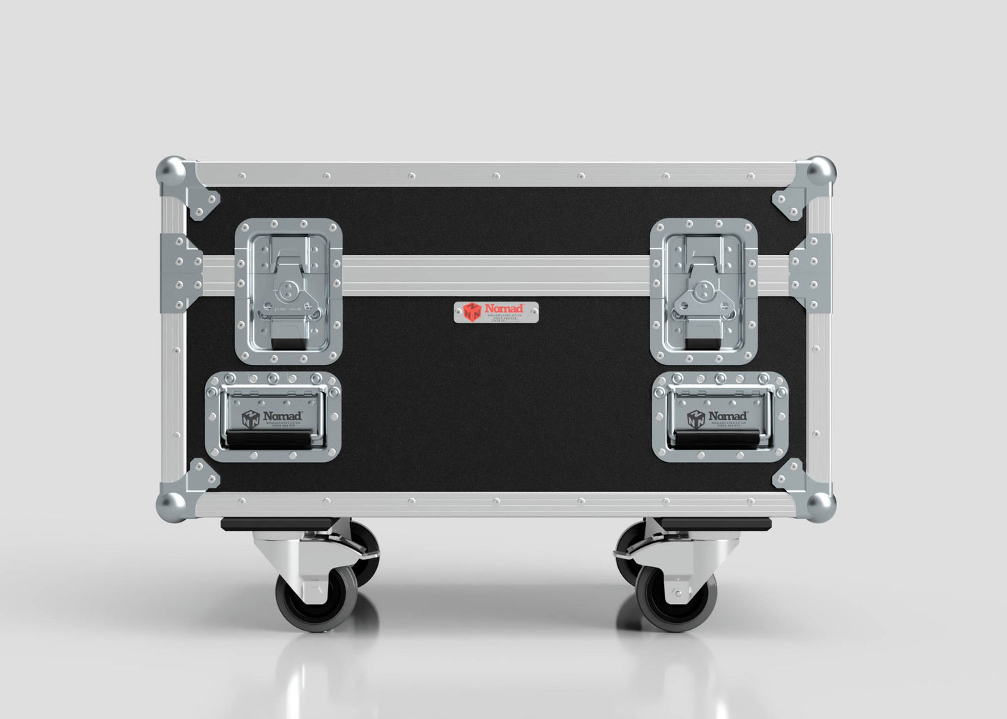 The Double Chainmaster 500Kg Chain Hoist Case is a black and silver rolling case with metal reinforcements, latches, and handles, shown against a plain light gray background. External dimensions: 805 x 600 x 573 mm.