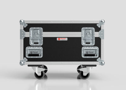 The Double Chainmaster 500Kg Chain Hoist Case is a black and silver rolling case with metal reinforcements, latches, and handles, shown against a plain light gray background. External dimensions: 805 x 600 x 573 mm.