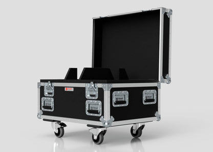 The Double Chainmaster 500Kg Chain Hoist Case is a large black case with metal reinforcements, an open lid, foam interior dividers, four wheels, and external dimensions of 805 x 600 x 573 mm on a plain light background.