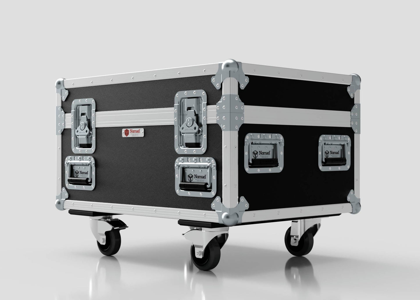 The Double Chainmaster 500Kg Chain Hoist Case is a black and silver rolling flight case with metal corners, handles, and latches, set against a plain light background. External dimensions: 805 x 600 x 573 mm.
