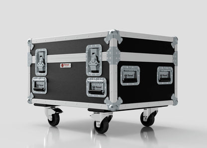 The Double Chainmaster 500Kg Chain Hoist Case is a black and silver rolling flight case with metal corners, handles, and latches, set against a plain light background. External dimensions: 805 x 600 x 573 mm.