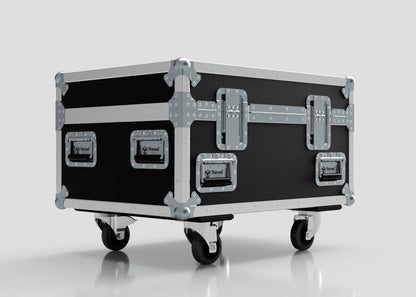 The Double Chainmaster 500Kg Chain Hoist Case is a black and silver flight case with metal reinforcements and four wheels for equipment transport. External dimensions: 805 x 600 x 573 mm.