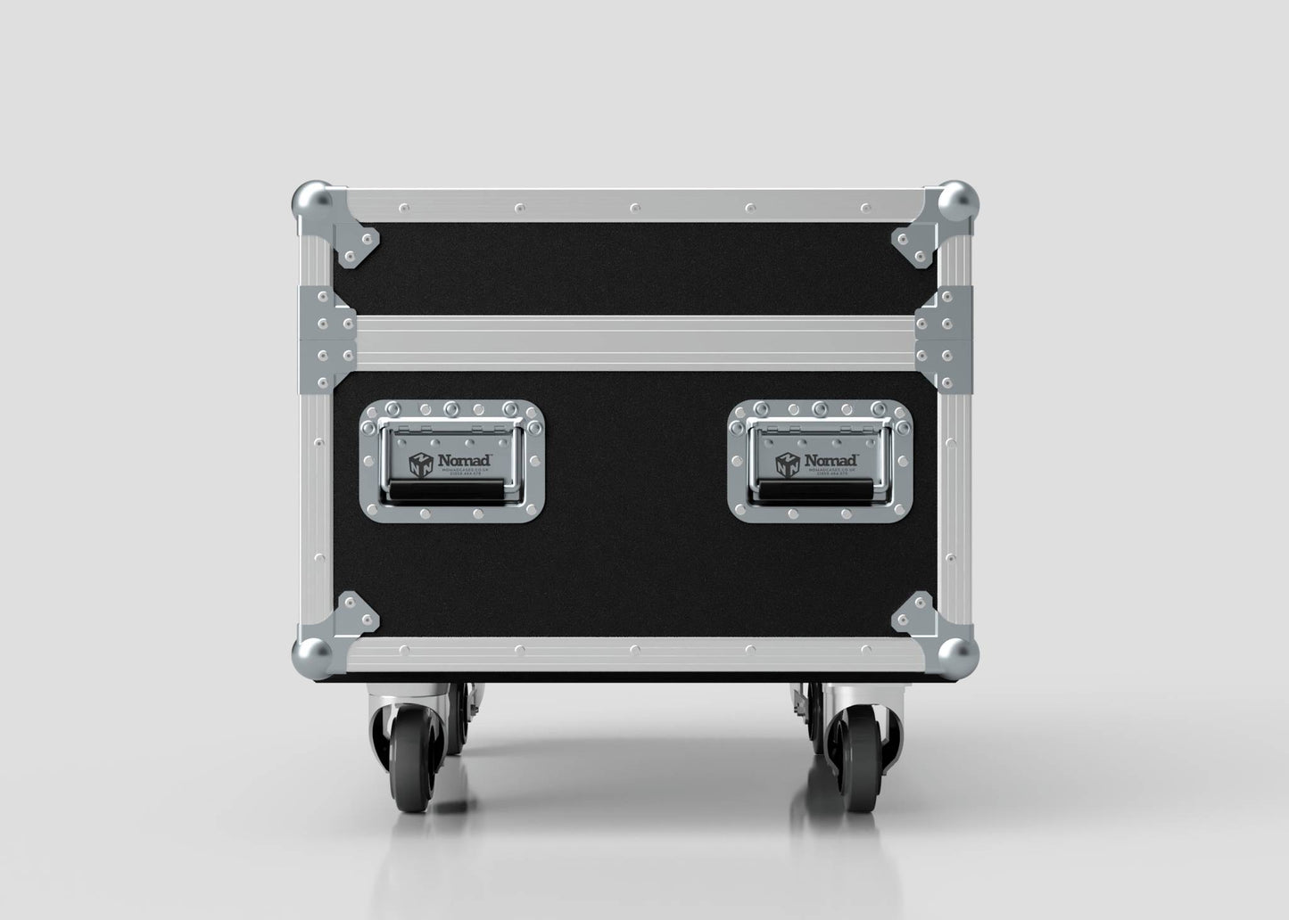 A Double Chainmaster 500Kg Chain Hoist Case in black and silver with metal edges, dual Nomad handles, four caster wheels, and external dimensions of 805 x 600 x 573 mm, shown on a plain light background.