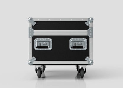 A Double Chainmaster 500Kg Chain Hoist Case in black and silver with metal edges, dual Nomad handles, four caster wheels, and external dimensions of 805 x 600 x 573 mm, shown on a plain light background.