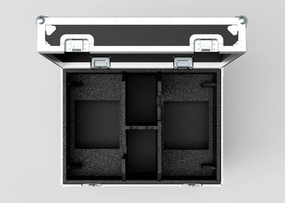 A top-down view of an open, empty Double Chainmaster 500Kg Chain Hoist Case with foam padding, two large rectangular compartments, extra small sections, and external dimensions of 805 x 600 x 573 mm.