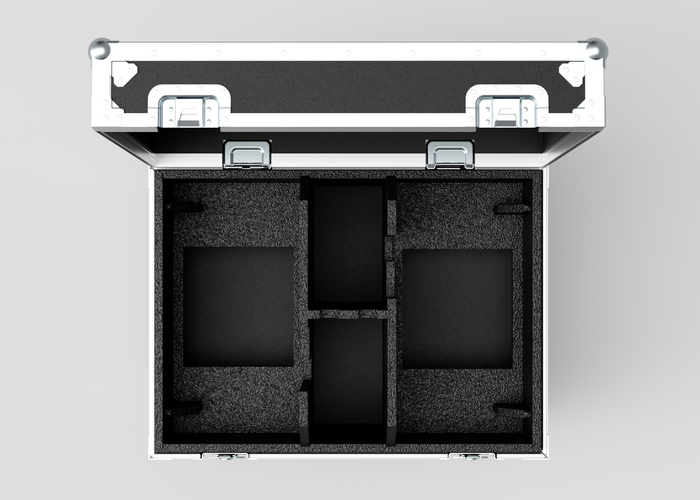 A top-down view of an open, empty black and silver hard case with padded foam inserts and compartments for securely storing equipment.