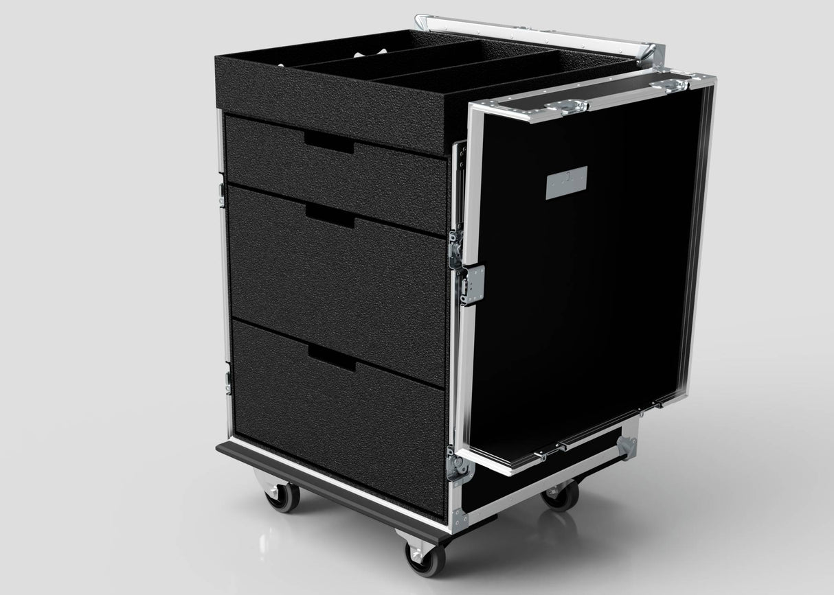 The Dressing Room & Pitchside Medical Case | Mobile First Aid Trolley is a black rolling cart with three drawers, an open door, metal edges, and four caster wheels—perfect for sports medicine storage—shown on a light gray background.