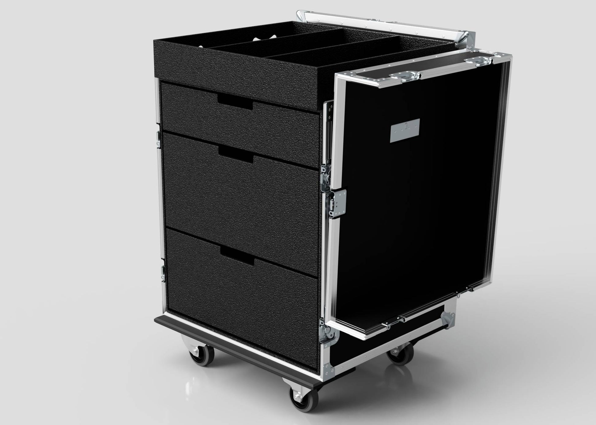 The Dressing Room/On Pitch First Aid Medical Case is a black trolley with three drawers, an open front door, metal edges, handles, and four caster wheels—ideal for organized medical supplies and sports medicine transport.