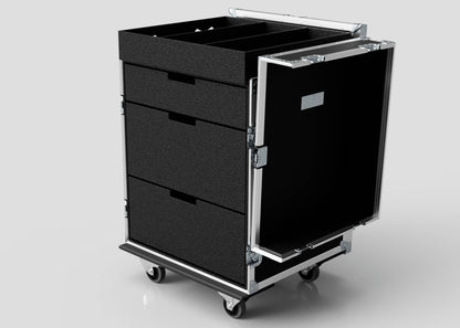 The Dressing Room/On Pitch First Aid Medical Case is a black trolley with three drawers, an open front door, metal edges, handles, and four caster wheels—ideal for organized medical supplies and sports medicine transport.