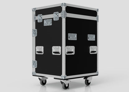 The black, rectangular Dressing Room/On Pitch First Aid Medical Case has metal edges, handles, latches, and four caster wheels, making it easy to transport medical supplies.