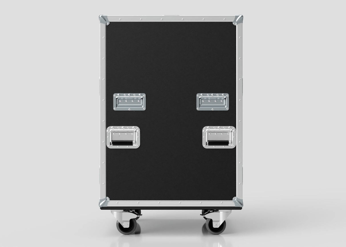 The Dressing Room & Pitchside Medical Case | Mobile First Aid Trolley is a large black rectangular unit with metal edges, four metal handles, and caster wheels, shown against a plain light background.