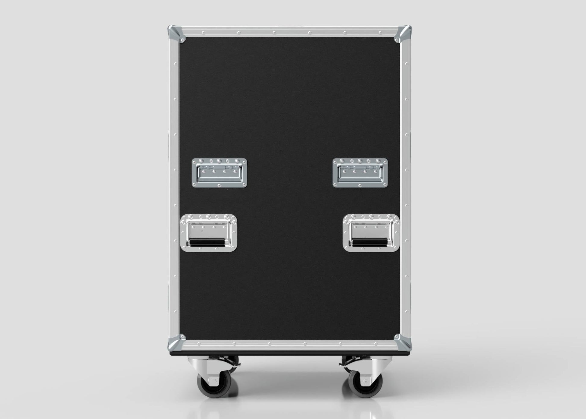 A black rectangular Dressing Room/On Pitch First Aid Medical Case with metal edges, four silver handles, and wheels—ideal for transporting medical supplies—shown against a plain light background.
