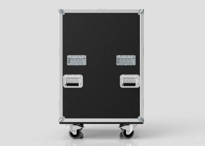 A black rectangular Dressing Room/On Pitch First Aid Medical Case with metal edges, four silver handles, and wheels—ideal for transporting medical supplies—shown against a plain light background.