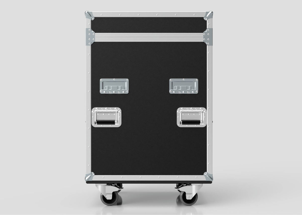 The Dressing Room & Pitchside Medical Case | Mobile First Aid Trolley is a large black case with silver edges, handles, latches, and four caster wheels—perfect as a mobile first aid solution for sports medicine.