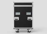 The Dressing Room & Pitchside Medical Case | Mobile First Aid Trolley is a large black case with silver edges, handles, latches, and four caster wheels—perfect as a mobile first aid solution for sports medicine.