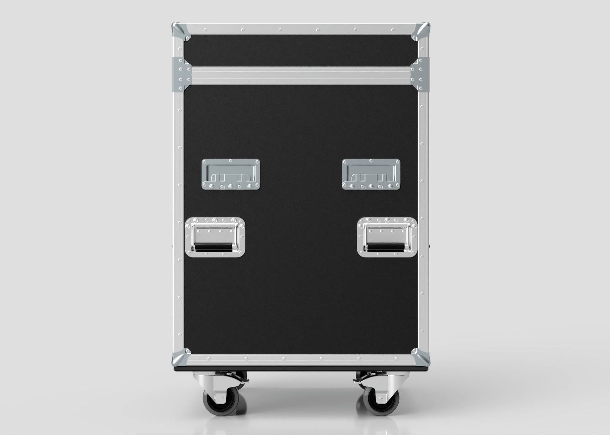 The Dressing Room/On Pitch First Aid Medical Case is a large black trolley with metal edges, four handles, and wheels, perfect for efficient medical supply transport in sports medicine settings.