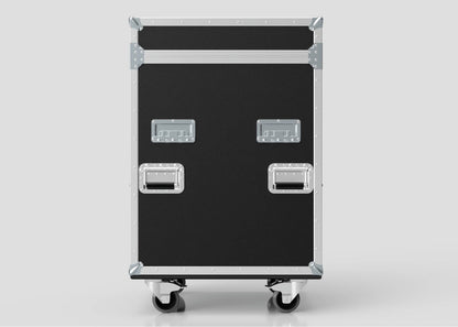 The Dressing Room/On Pitch First Aid Medical Case is a large black trolley with metal edges, four handles, and wheels, perfect for efficient medical supply transport in sports medicine settings.
