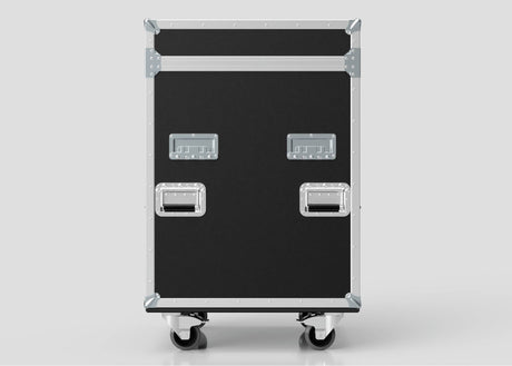 The Dressing Room & Pitchside Medical Case | Mobile First Aid Trolley is a large black case with silver edges, handles, latches, and four caster wheels—perfect as a mobile first aid solution for sports medicine.