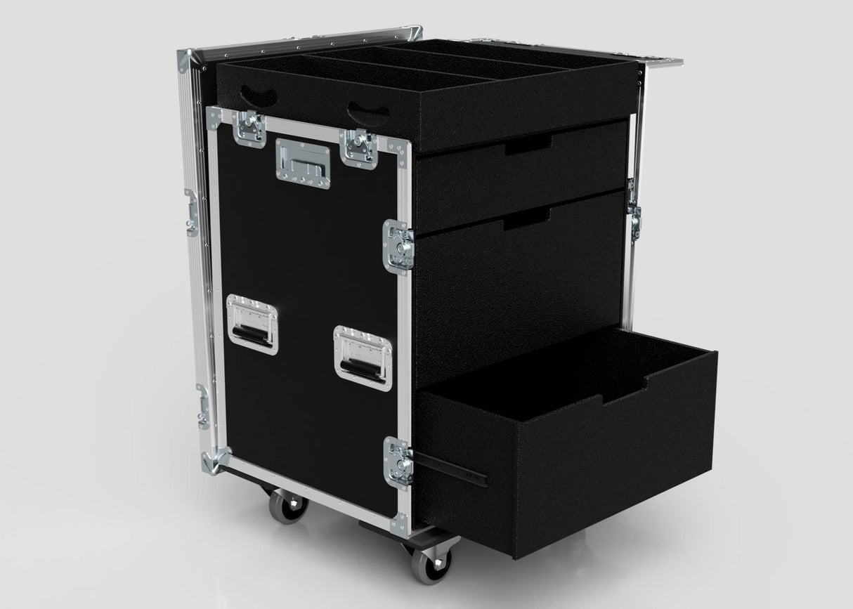 The Dressing Room & Pitchside Medical Case | Mobile First Aid Trolley features sturdy metal edges, secure latches, open-top compartments, a partial drawer, and caster wheels—perfect for sports medicine or emergency care on the move.