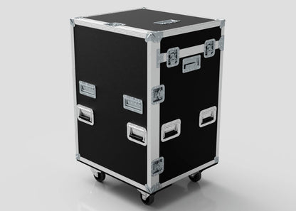 The Dressing Room/On Pitch First Aid Medical Case is a black rectangular trolley with metal edges, handles, and latches, designed for easy transport of medical supplies, standing upright on four caster wheels.