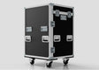 The Dressing Room & Pitchside Medical Case | Mobile First Aid Trolley is a large black case with metal reinforcements, handles, and four caster wheels—ideal for sports medicine needs in any setting.