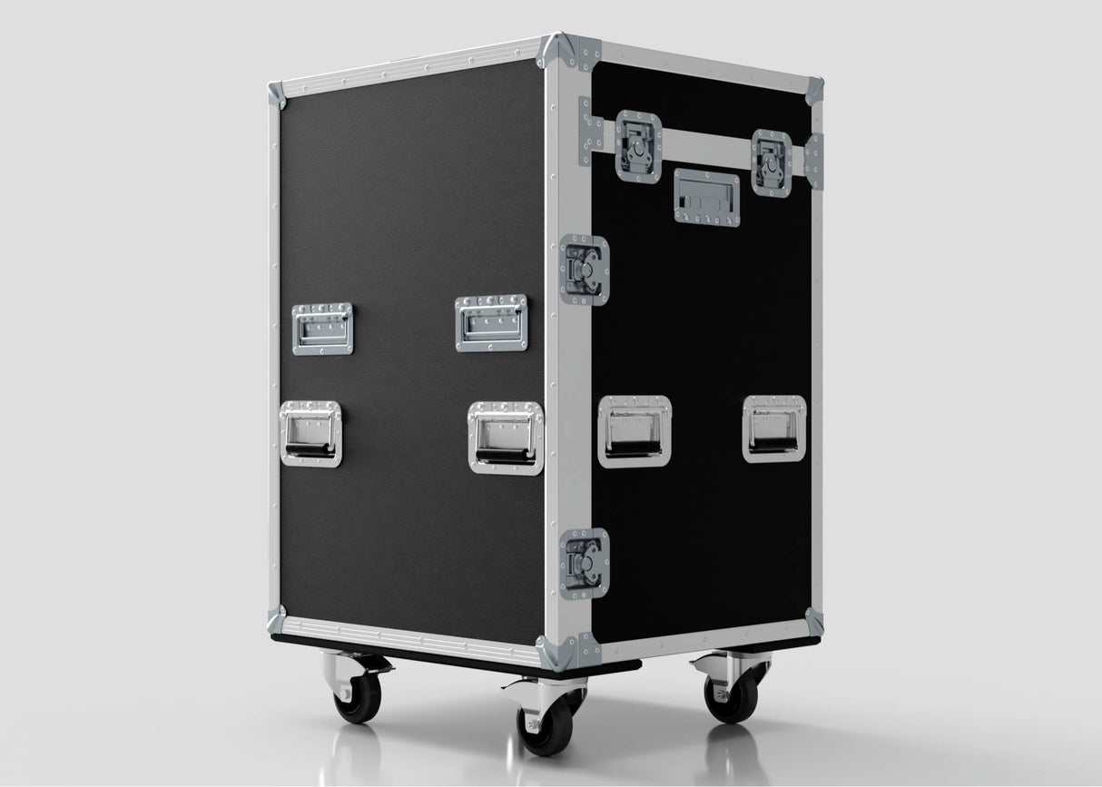 The Dressing Room & Pitchside Medical Case | Mobile First Aid Trolley is a large black case with metal reinforcements, handles, and four caster wheels—ideal for sports medicine needs in any setting.