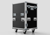 The Dressing Room & Pitchside Medical Case | Mobile First Aid Trolley is a large black case with metal reinforcements, handles, and four caster wheels—ideal for sports medicine needs in any setting.