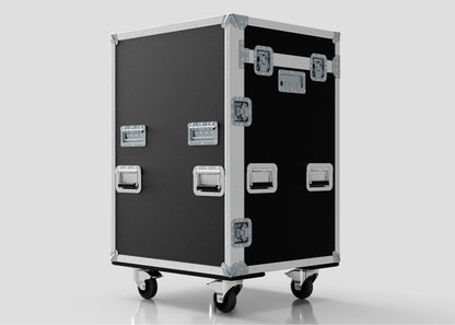 The Dressing Room/On Pitch First Aid Medical Case is a large black trolley with metal edges, handles, and latches on four caster wheels—perfect for easy medical supplies transport in sports or medical settings.