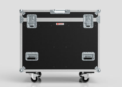 The Dual Prolight Hybrid 300IP is shown in a black and silver hard case with metal reinforcements, latches, and handles, on four caster wheels; its external dimensions are 1025 x 600 x 930 mm, set against a plain light background.