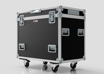 The Dual Prolight Hybrid 300IP is a large black and silver rolling equipment case with metal reinforced corners, handles, and latches; its external dimensions are 1025 x 600 x 930 mm.