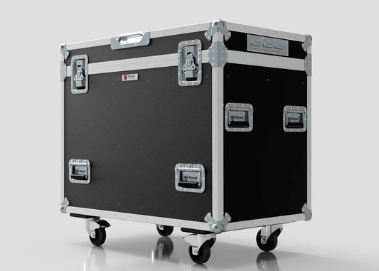 The Dual Prolight Hybrid 300IP is a large black and silver rolling equipment case with metal reinforced corners, handles, and latches; its external dimensions are 1025 x 600 x 930 mm.