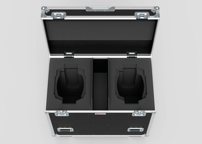 The Dual Prolight Hybrid 300IP’s black hard case, with foam inserts and two compartments, opens to reveal empty molded spaces for secure equipment storage. Its external dimensions are 1025 x 600 x 930 mm for ample capacity.