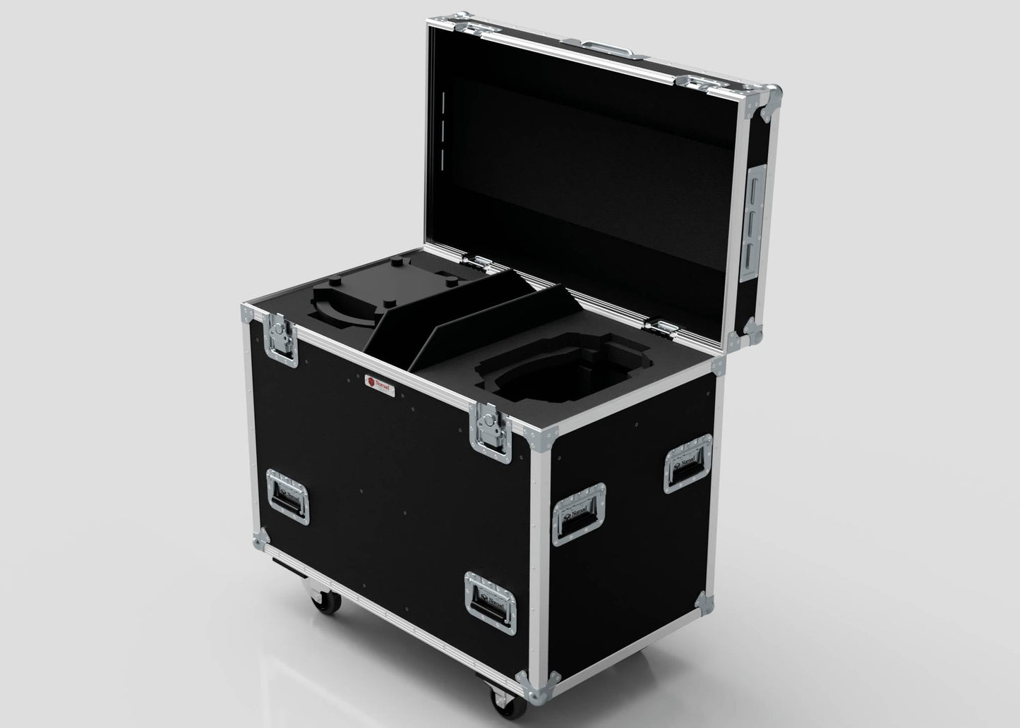 The Dual Prolight Hybrid 300IP is a black, hard-shell equipment case with foam interior, metal edges, handles, and wheels for safe transport of sensitive gear. External dimensions: 1025 x 600 x 930 mm.