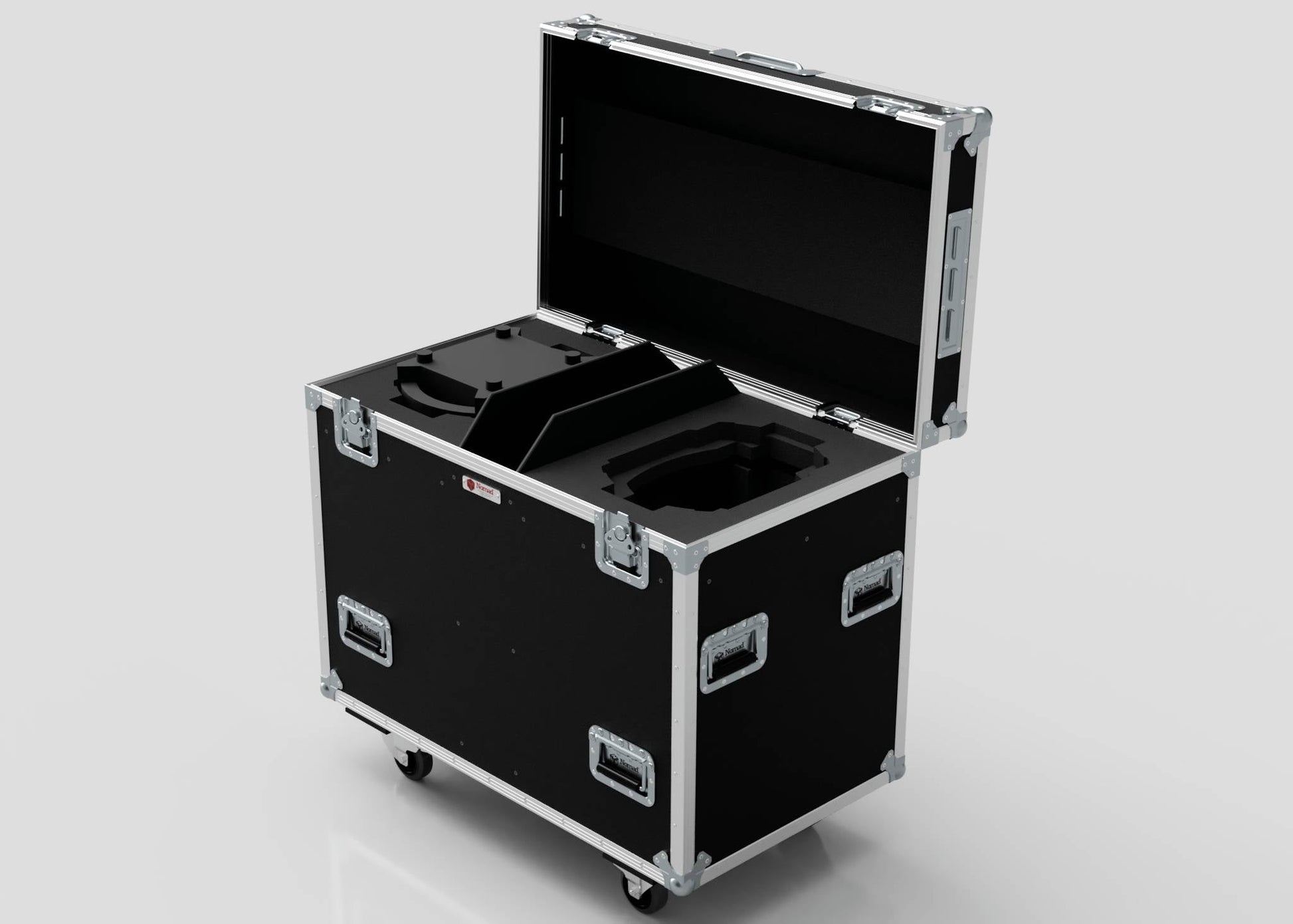 The Dual Prolight Hybrid 300IP is a black, hard-shell equipment case with foam interior, metal edges, handles, and wheels for safe transport of sensitive gear. External dimensions: 1025 x 600 x 930 mm.