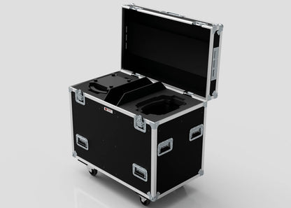 The Dual Prolight Hybrid 300IP is a black, hard-shell equipment case with foam interior, metal edges, handles, and wheels for safe transport of sensitive gear. External dimensions: 1025 x 600 x 930 mm.