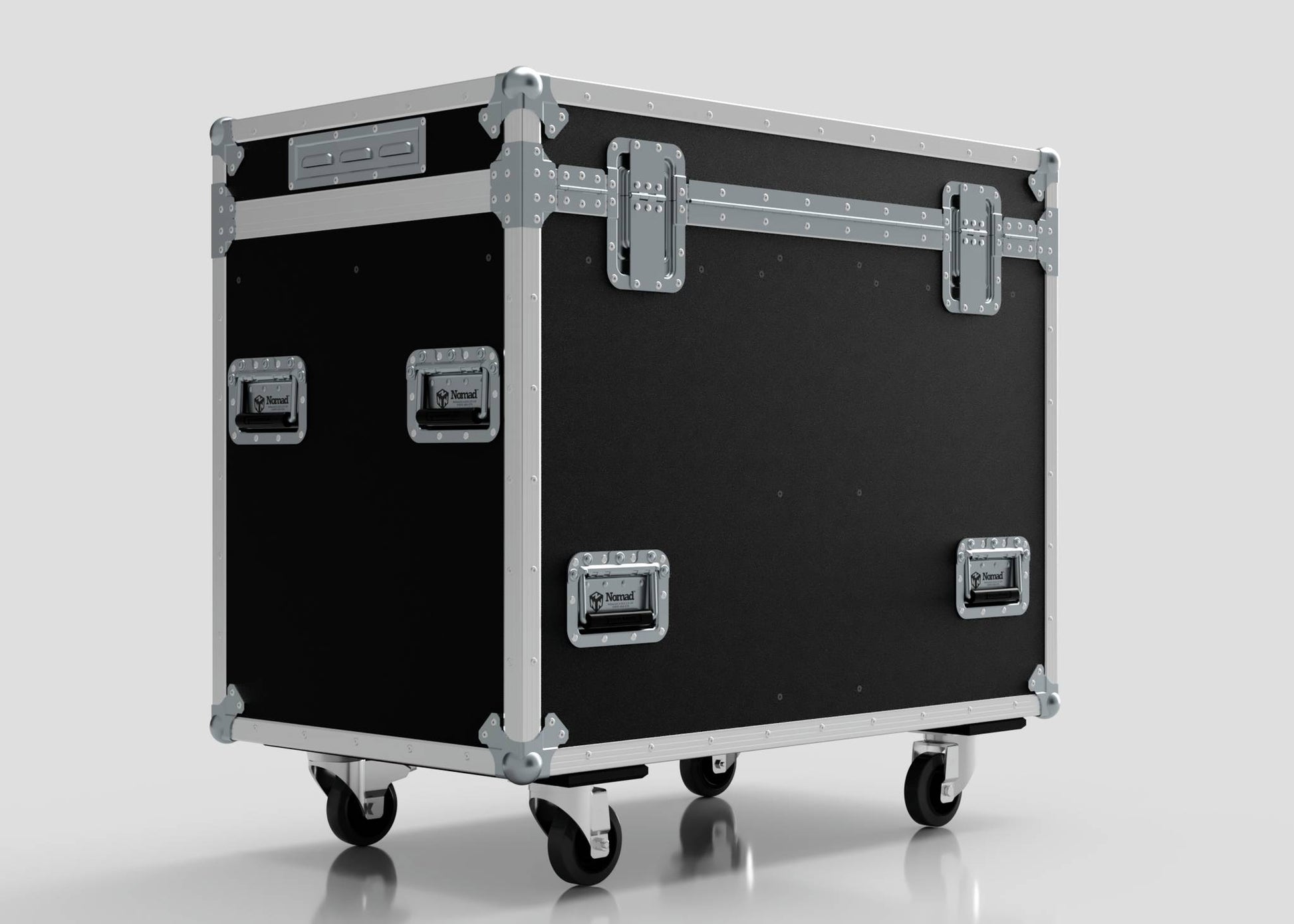 The Dual Prolight Hybrid 300IP is a black and silver hard-shell equipment case with metal reinforcements and handles, four wheels, and external dimensions of 1025 x 600 x 930 mm, shown against a plain light background.