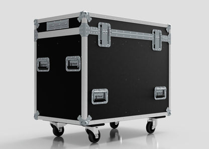 The Dual Prolight Hybrid 300IP is a black and silver hard-shell equipment case with metal reinforcements and handles, four wheels, and external dimensions of 1025 x 600 x 930 mm, shown against a plain light background.