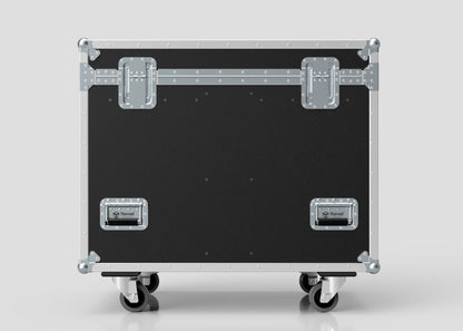The Dual Prolight Hybrid 300IP is a large black road case with metal reinforcements, top handles, two latches, and caster wheels. Its external dimensions are 1025 x 600 x 930 mm, shown against a plain light background.