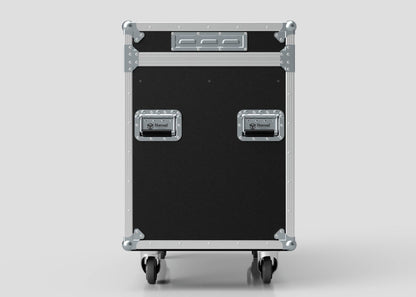 The Dual Prolight Hybrid 300IP is a black and silver flight case with metal edges, two handles, and four wheels, shown against a plain light background. External dimensions: 1025 x 600 x 930 mm.