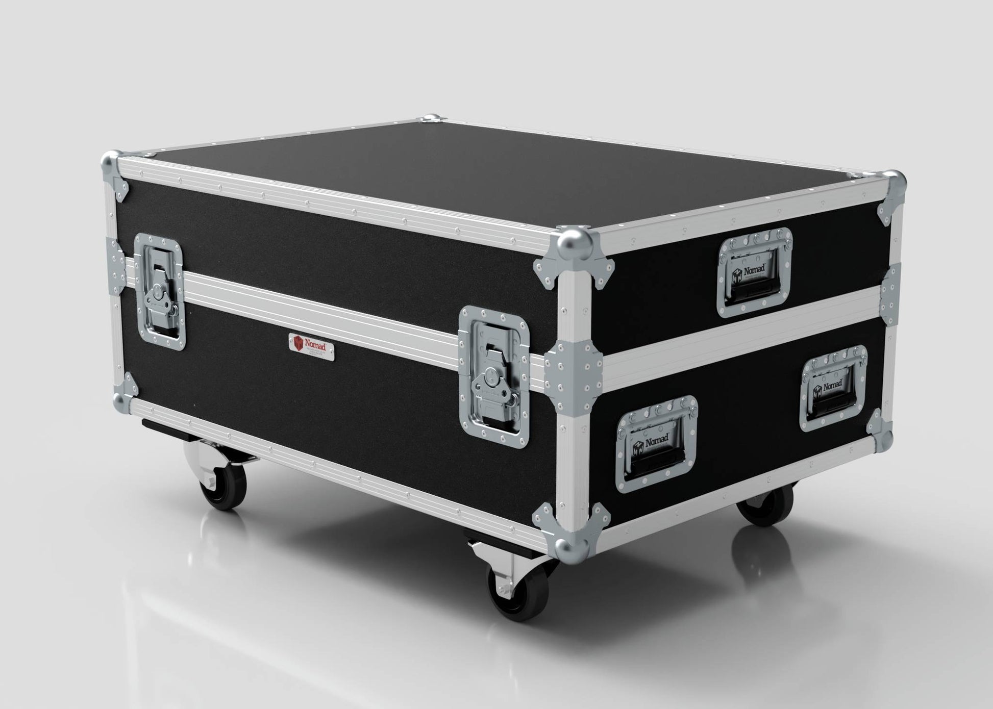 The Epsom L1000 & 20K Projector Case, black and silver with metal edges, handles, and four caster wheels, is shown on a white background. Its external dimensions are 1008 x 724 x 565 mm.