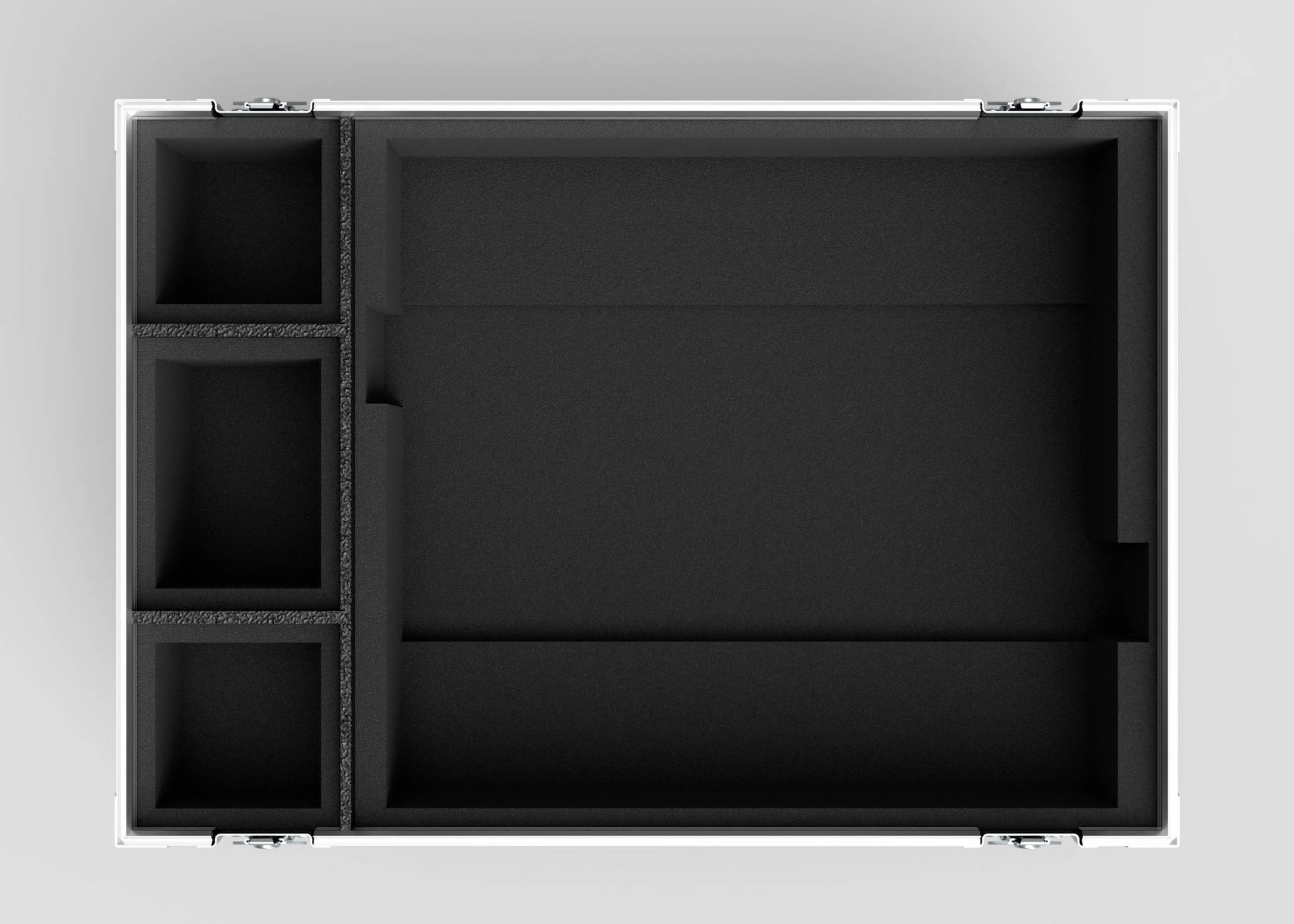 Top-down view of the Epsom L1000 & 20K Projector Case, empty and open, featuring four compartments on the left and one large compartment on the right, all lined with black foam. External dimensions: 1008 x 724 x 565 mm.