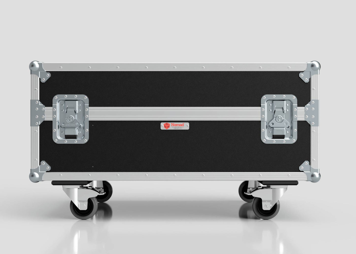 The Epsom L1000 & 20K Projector Case is a black and silver road case with metal reinforcements, two latches, four caster wheels, and external dimensions of 1008 x 724 x 565 mm.