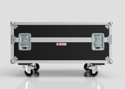 The Epsom L1000 & 20K Projector Case is a black and silver road case with metal reinforcements, two latches, four caster wheels, and external dimensions of 1008 x 724 x 565 mm.