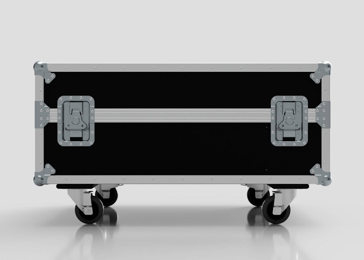 The Epsom L1000 & 20K Projector Case is a black rectangular flight case with metal reinforcements, handles, four caster wheels, and external dimensions of 1008 x 724 x 565 mm, shown against a plain background.