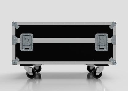 The Epsom L1000 & 20K Projector Case is a black rectangular flight case with metal reinforcements, handles, four caster wheels, and external dimensions of 1008 x 724 x 565 mm, shown against a plain background.