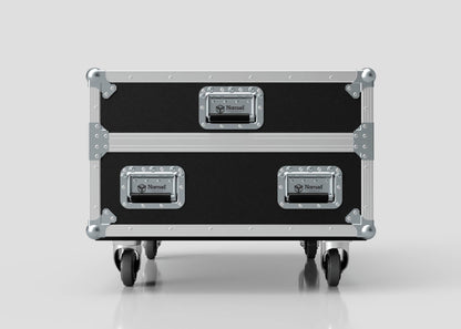 The Epsom L1000 & 20K Projector Case, a black road case with metal edges, corners, handles, and four wheels, is displayed on a light background. External dimensions: 1008 x 724 x 565 mm.