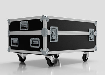 The Epsom L1000 & 20K Projector Case, featuring a black and silver design with metal corner reinforcements, handles, and four caster wheels, is shown on a plain background. Its external dimensions are 1008 x 724 x 565 mm.